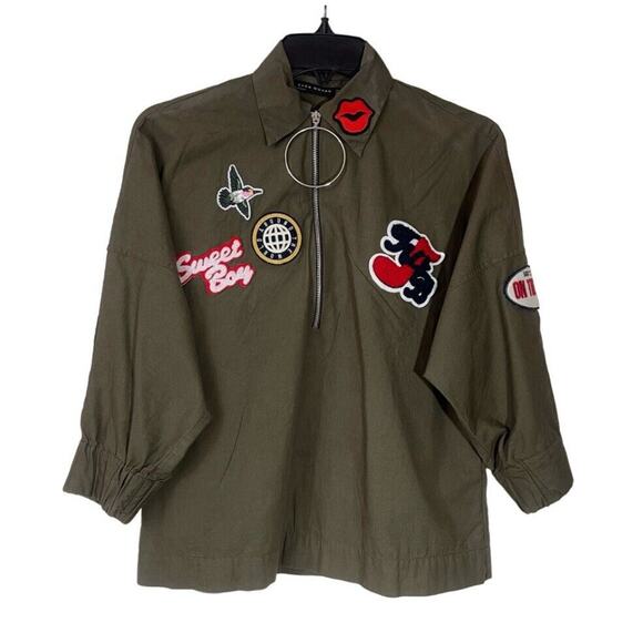 Zara Cropped Jacket Womens Size XS Green Pullover Half Zip 3/4 Sleeve Patches - Picture 1 of 8